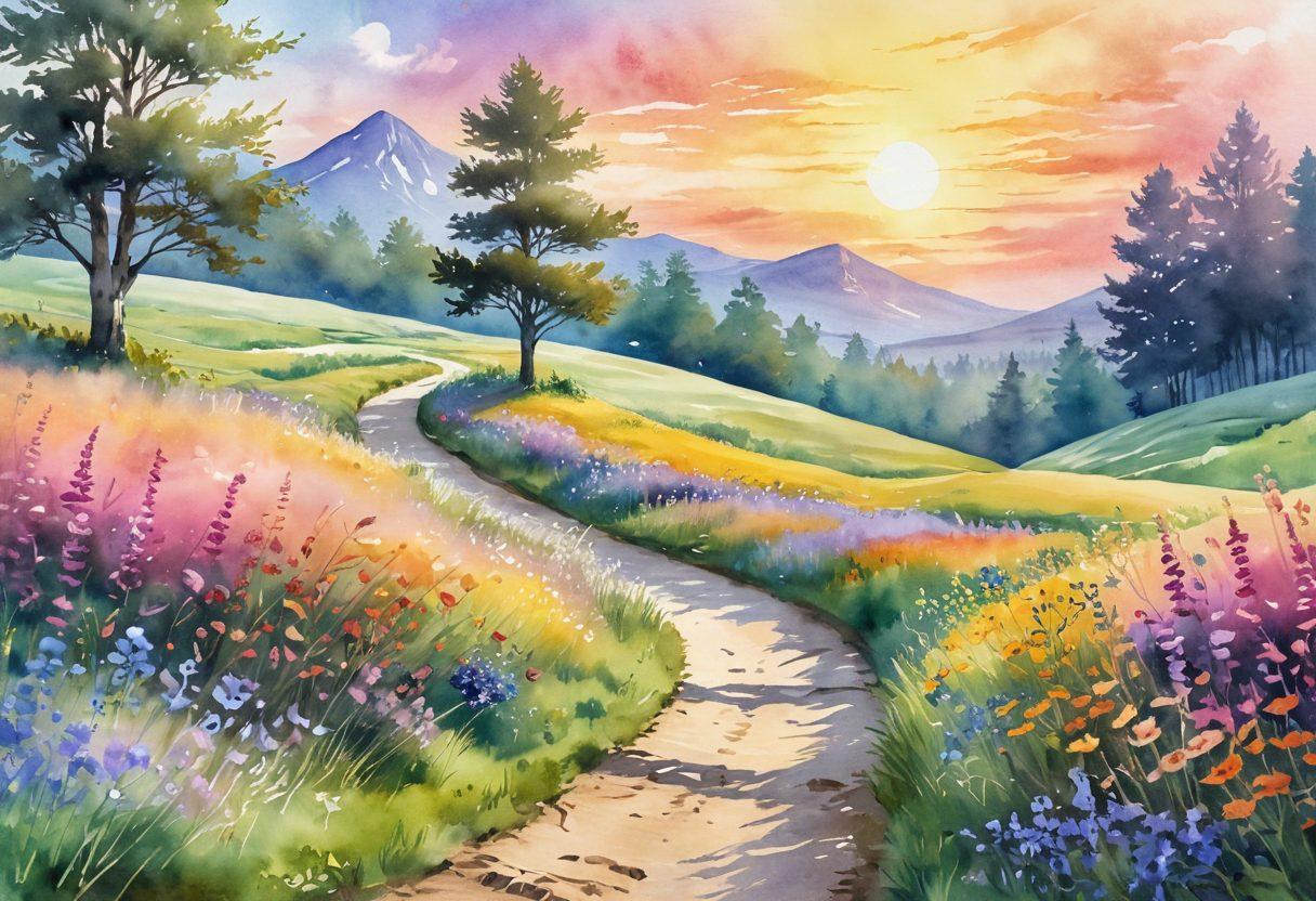 A breathtaking landscape depicting a winding path through vibrant, blooming meadows leading to a radiant sunrise symbolizing new beginnings. Along the path, joyful individuals are engaging in activities like dancing, meditating, and painting, surrounded by lush greenery and colorful flowers. The scene should evoke feelings of bliss and serenity, illustrating the journey to happiness. soft watercolor style. warm pastel colors. enchanting atmosphere.