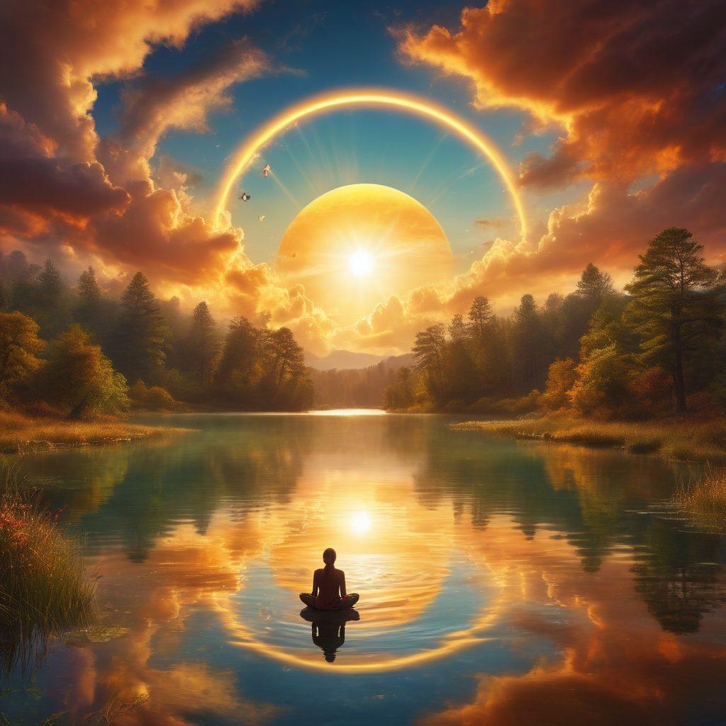 A serene landscape blending reality and fantasy, featuring a luminous sky filled with ethereal clouds, a radiant sun casting golden rays, and a tranquil lake reflecting vibrant colors. Enchanting creatures like butterflies and mythical beings float gracefully through the scene, symbolizing happiness and freedom. In the foreground, a person meditating in a state of bliss, surrounded by glowing orbs of light representing transcendental experiences. surrealism. vibrant colors. dynamic composition.