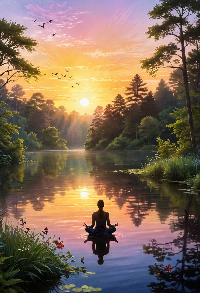 A serene landscape blending a tranquil sunset over a peaceful lake, with a figure meditating in the foreground surrounded by lush greenery. Ethereal light beams illuminating the scene, suggesting a sense of elevated consciousness and bliss. Include subtle elements like floating butterflies and gentle waves to enhance tranquility. painting. vibrant colors. soft focus.